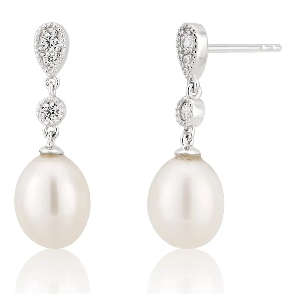 Sterling Silver Freshwater Pearl and Zirconia Drop Earrings