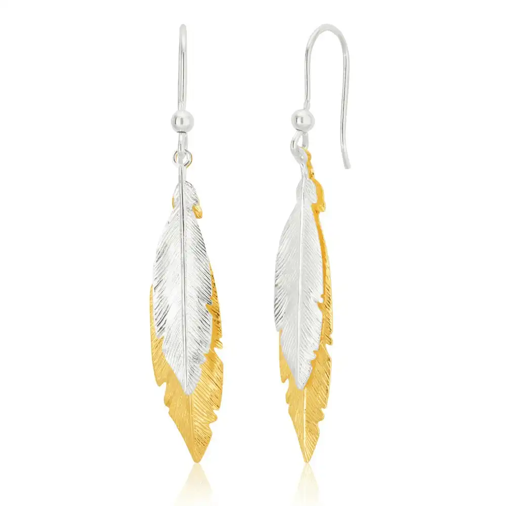 Sterling Silver and Gold Plate Multi Feather Two Tone Drop Hook Earrings