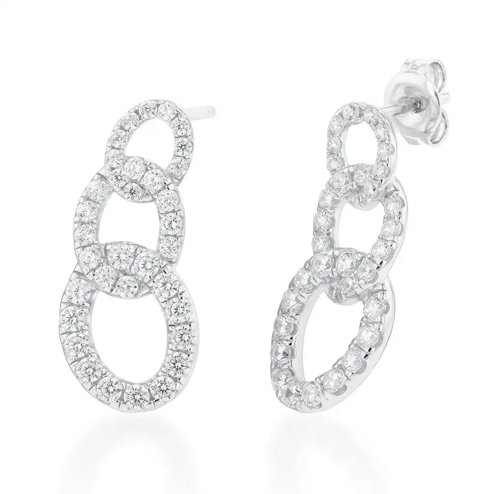 Sterling Silver Cubic Zirconia On Connected Links Rhodium Plated Stud Earrings