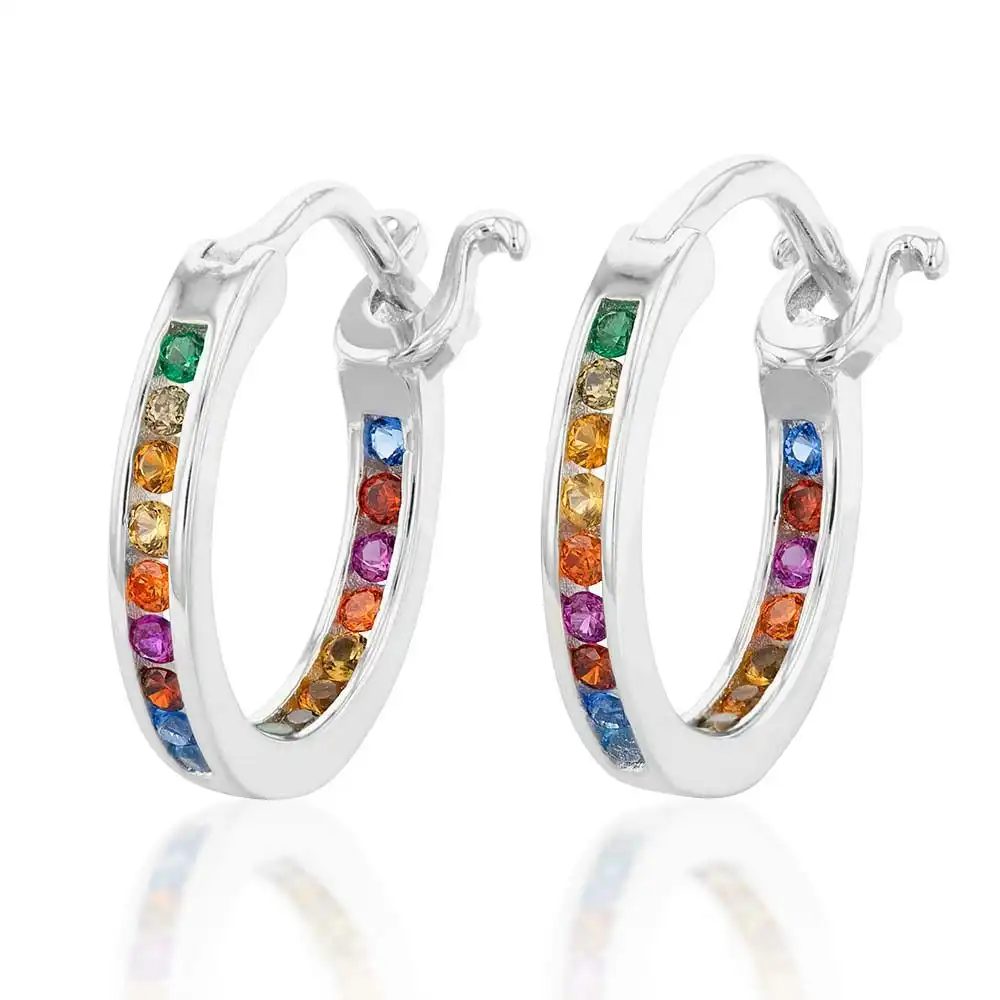 Sterling Silver Multicolour Rainbow Cubic Zirconia 15mm Hoop Earrings