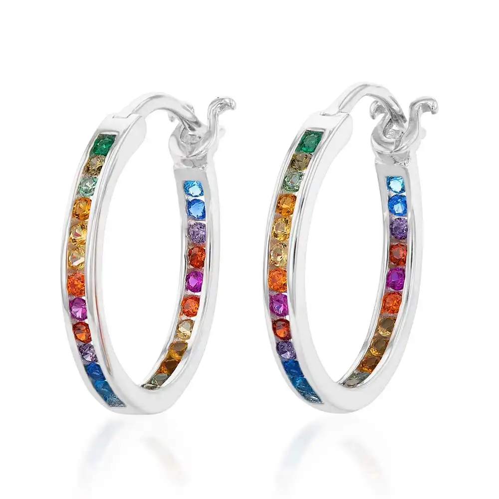 Sterling Silver Multicolour Rainbow Cubic Zirconia 20mm Hoop Earrings