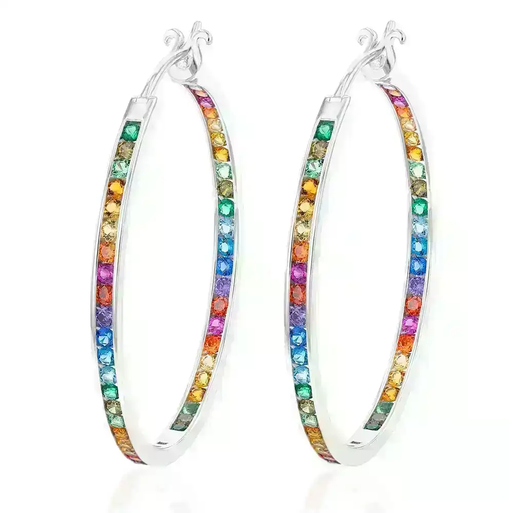 Sterling Silver Multicolour Rainbow Cubic Zirconia 40mm Hoop Earrings