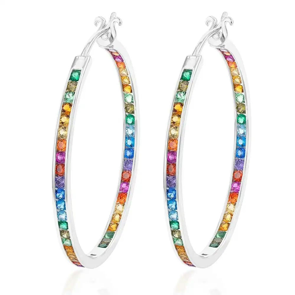 Sterling Silver Multicolour Rainbow Cubic Zirconia 40mm Hoop Earrings