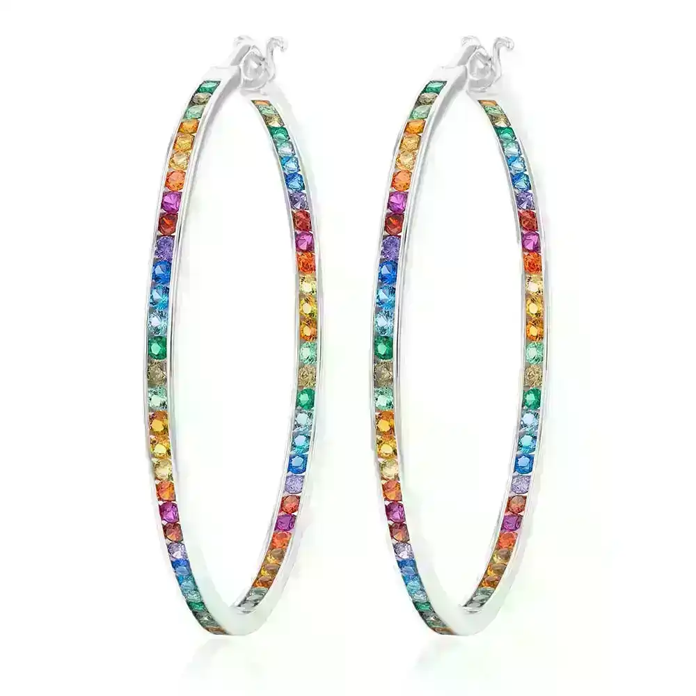Sterling Silver Multicolour Rainbow Cubic Zirconia 50mm Hoop Earrings
