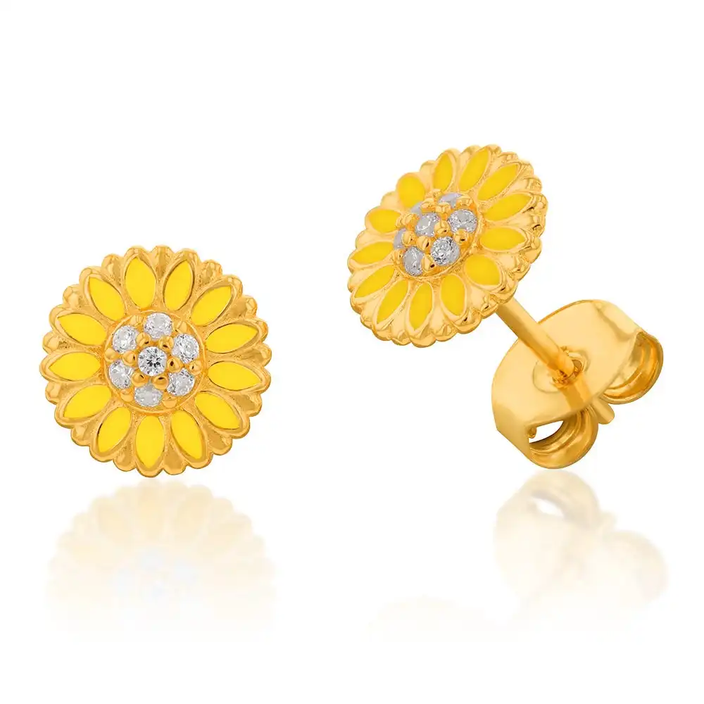 Gold Plated Sterling Silver Cubic Zirconia And Enamel Sunflower Stud Earrings