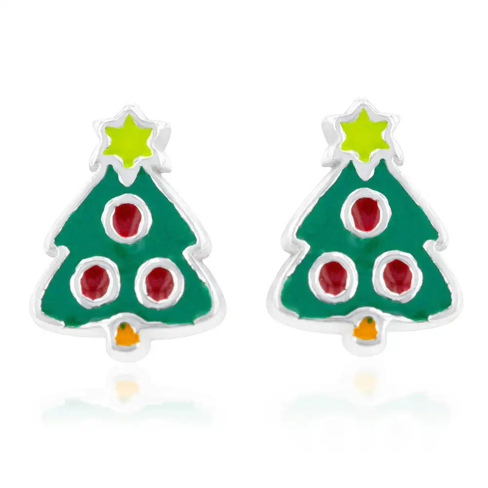 Sterling Silver Green Enamel Christmas Tree Stud Earring