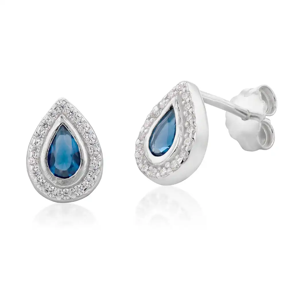 Sterling Silver Blue And White Cubic Zirconia Tear Drop Stud Earrings