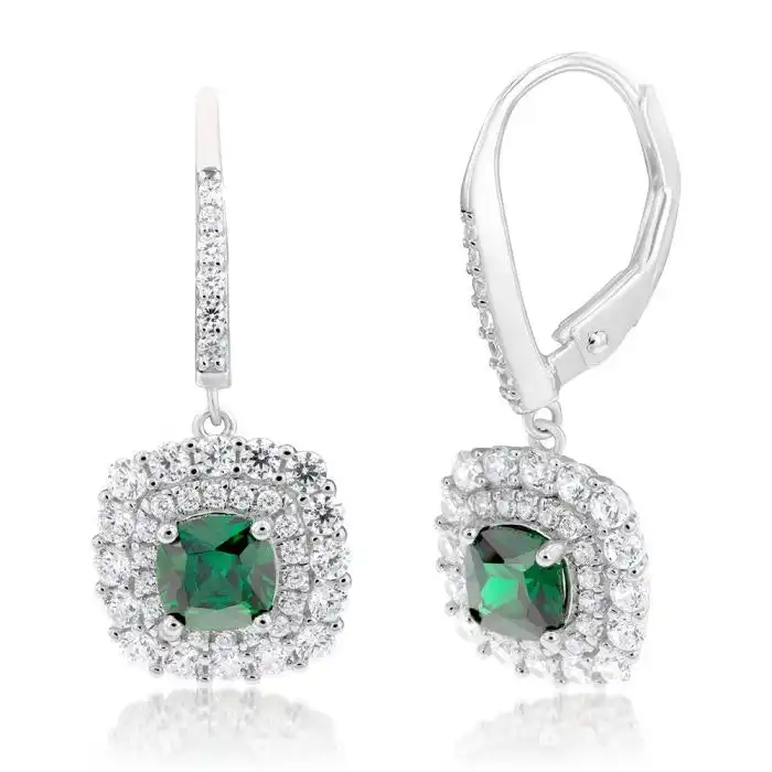 Sterling Silver Rhodium Plated Green And White Cubic Zirconia Cushion Drop Earrings