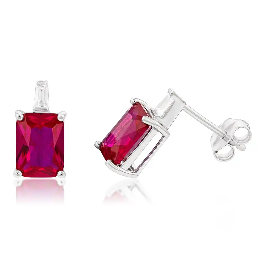 Sterling Silver Rhodium Plated Created Ruby And Cubic Zirconia Stud Earrings