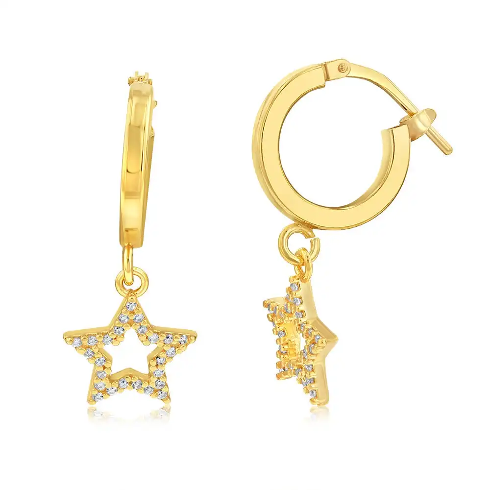 Sterling Silver Yellow Gold Plated Cubic Zirconia Star On Hoop Earrings