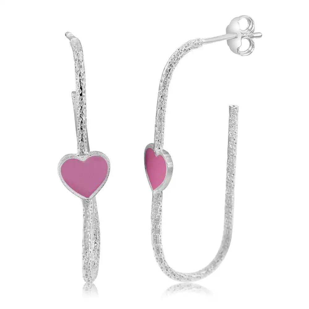 Sterling Silver Pink Enamel Heart Textured Open Hoop Earrings