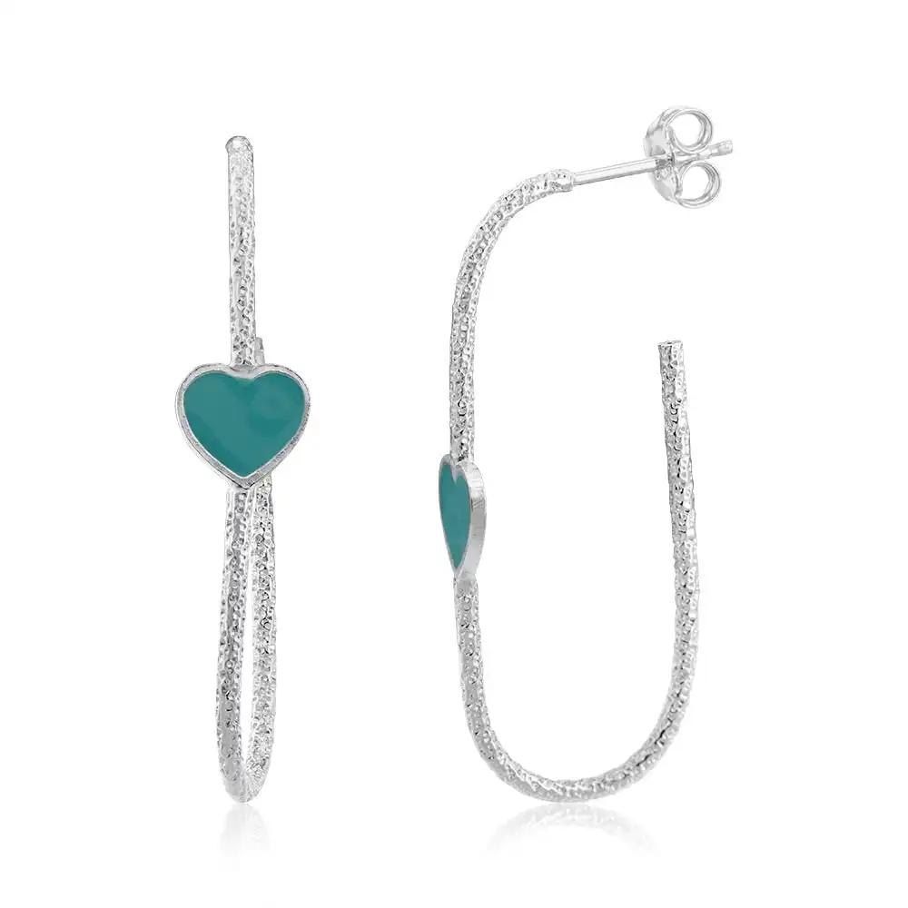 Sterling Silver Tiffany Enamel Heart Hoop Earrings