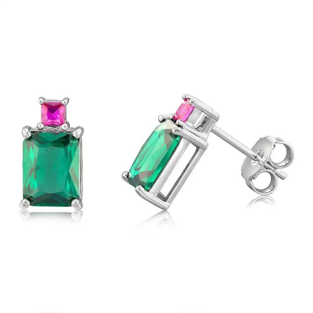 Sterling Silver Rhodium Plated Green And Pink Cubic Zirconia Stud Earrings