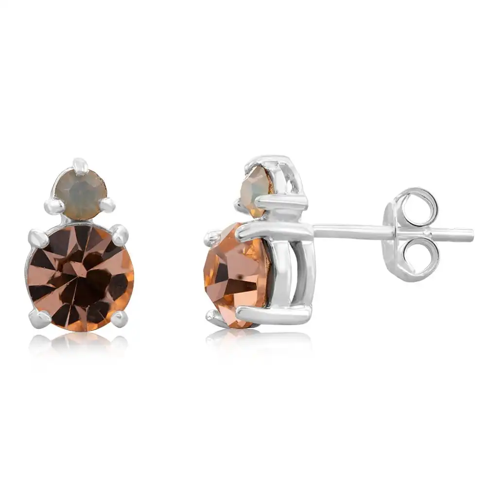 Sterling Silver Light Peach Stone And White Opal Glass Studs Earrings