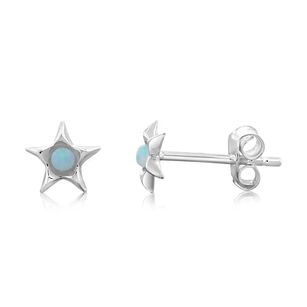 Sterling Silver Star Blue Opal Glass Studs Earrings