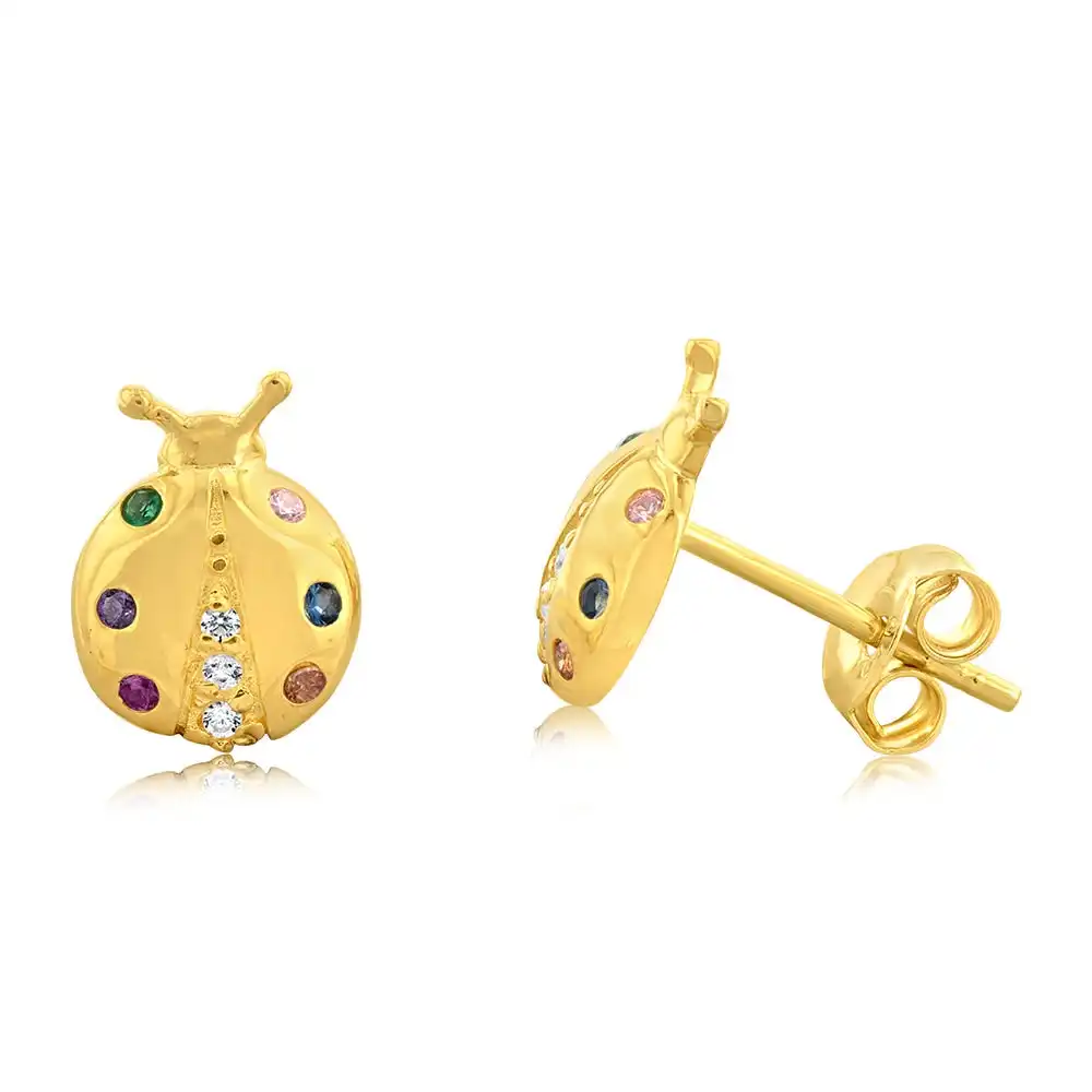 Sterling Silver Gold Plated Lady Bug Multicolour Cubic Zirconia Stud Earrings