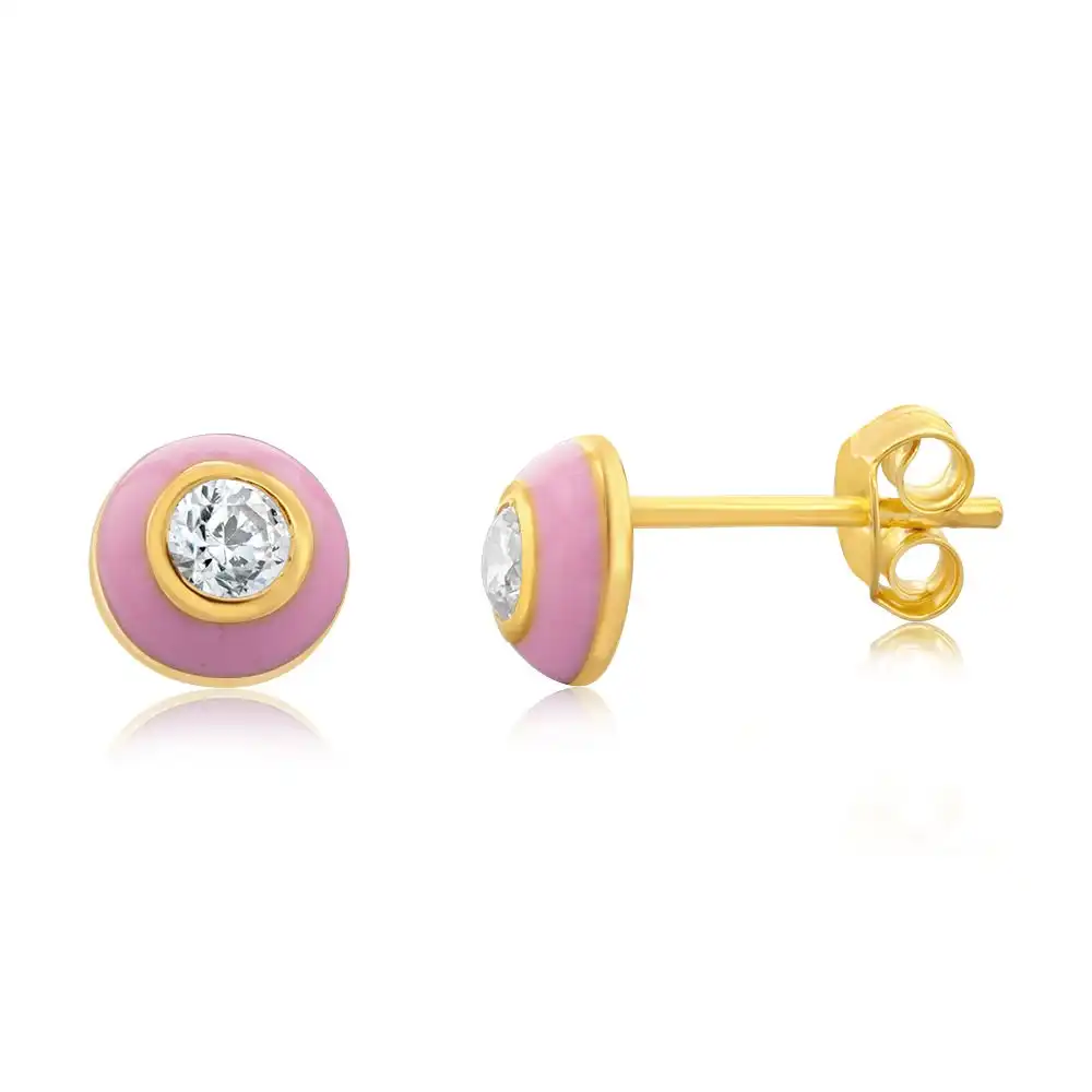 Gold Plated Sterling Silver Round Pink Enamel and Cubic Zirconia Studs Earrings