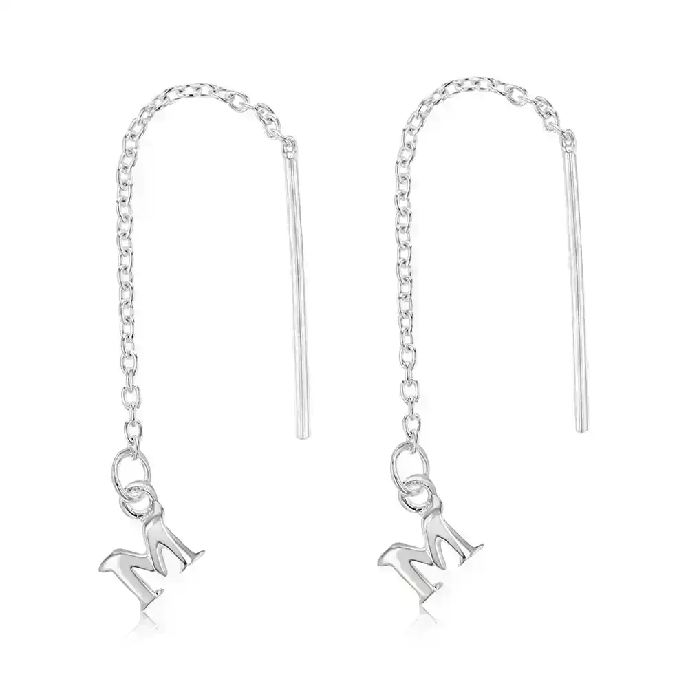 Sterling Silver Initial M Threader Drop Earrings