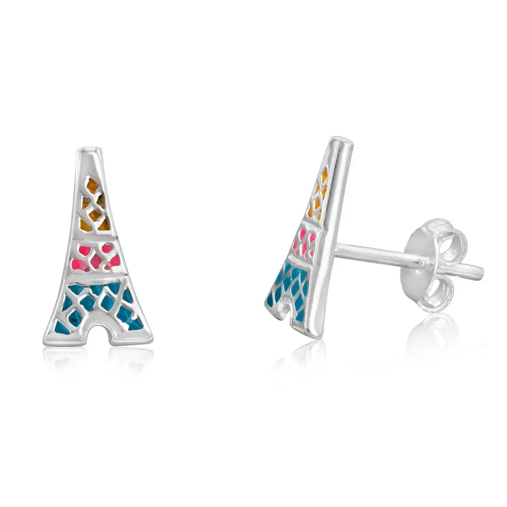 Sterling Silver Enamel Pink & Blue Tower Stud Earrings