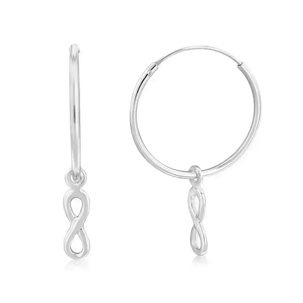 Sterling Silver Infinity On Plain Hoop Earrings