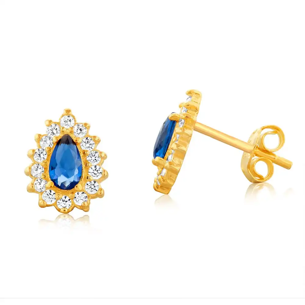Gold Plated Sterling Silver Created Sapphire White Cubic Zirconia Studs Earrings
