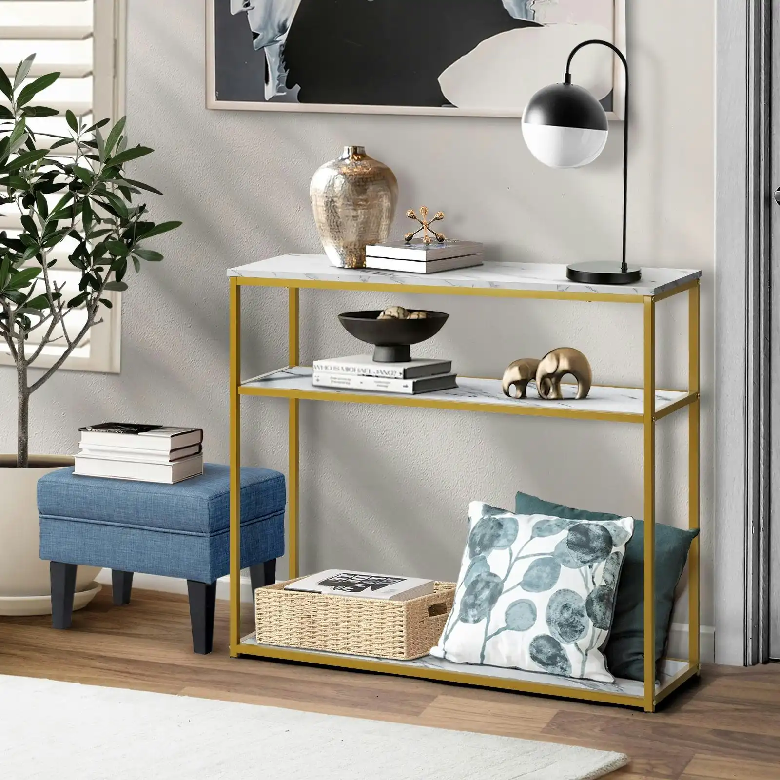 Oikiture Hall Console Table Metal Hallway Desk Entry Display White&Gold Furniture