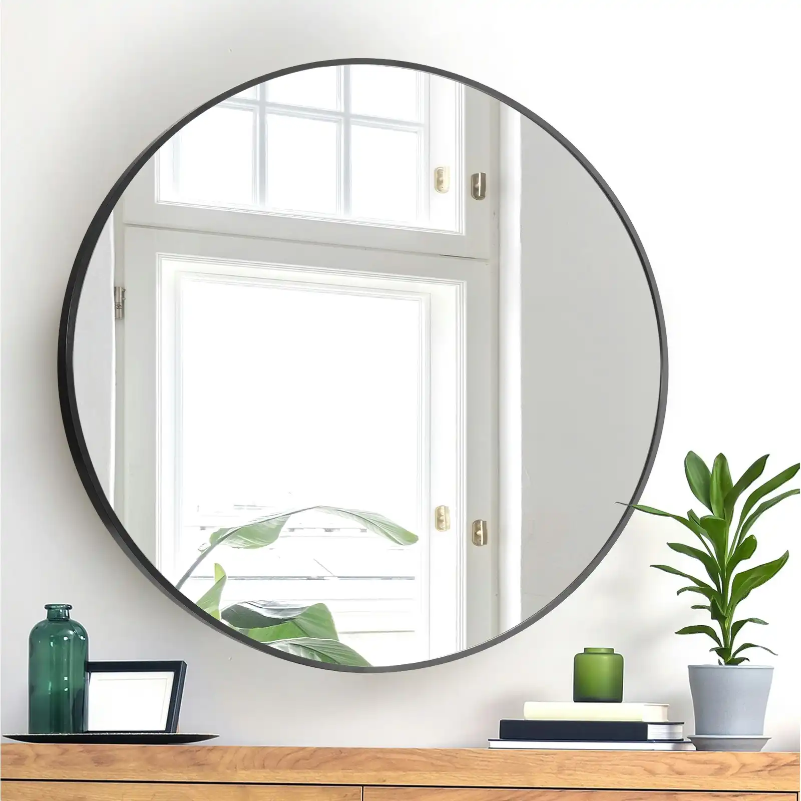 Oikiture Wall Mirrors Round Makeup Mirror Vanity Home Decorative Black 80cm