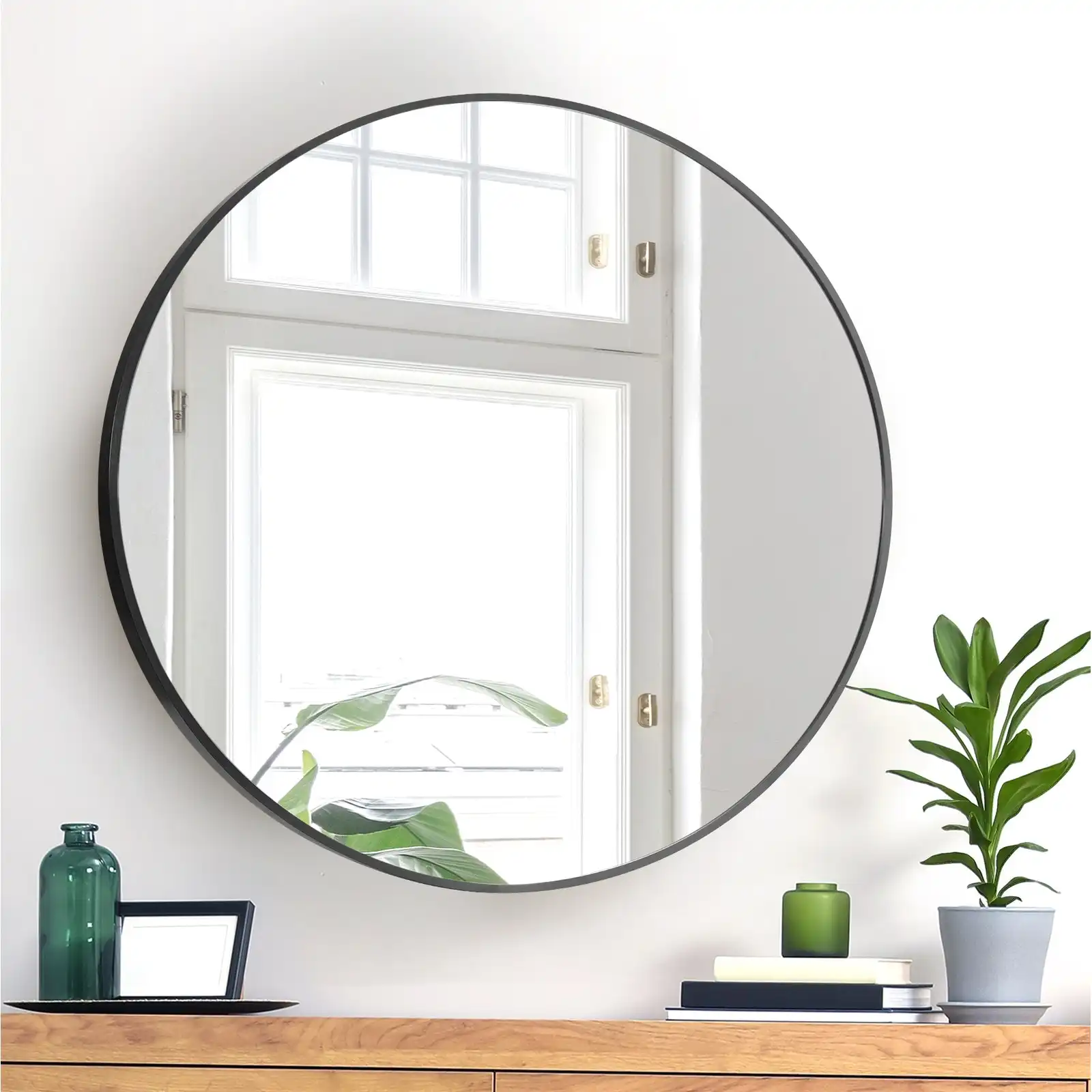 Oikiture Wall Mirrors Round 70cm Makeup Mirror Vanity Home Decro Black Bathroom