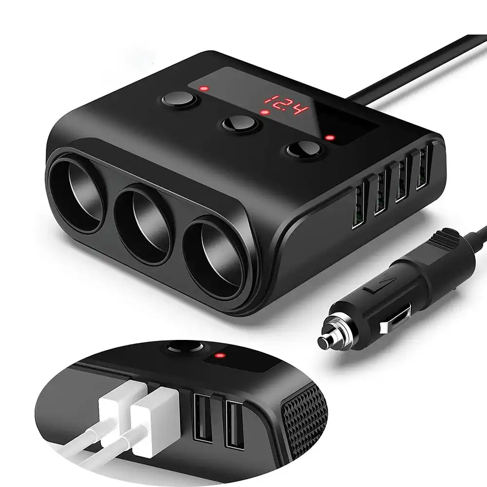 3 Socket Cigarette Lighter Adapter Car Charger With 4 USB Ports