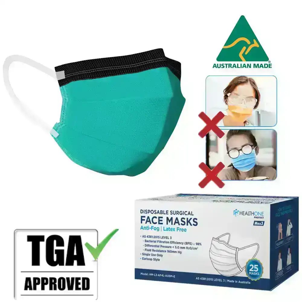 Australian Made HEALTHONE Protect Anti-Fog Level 3 Surgical Face Mask Pack Of 25