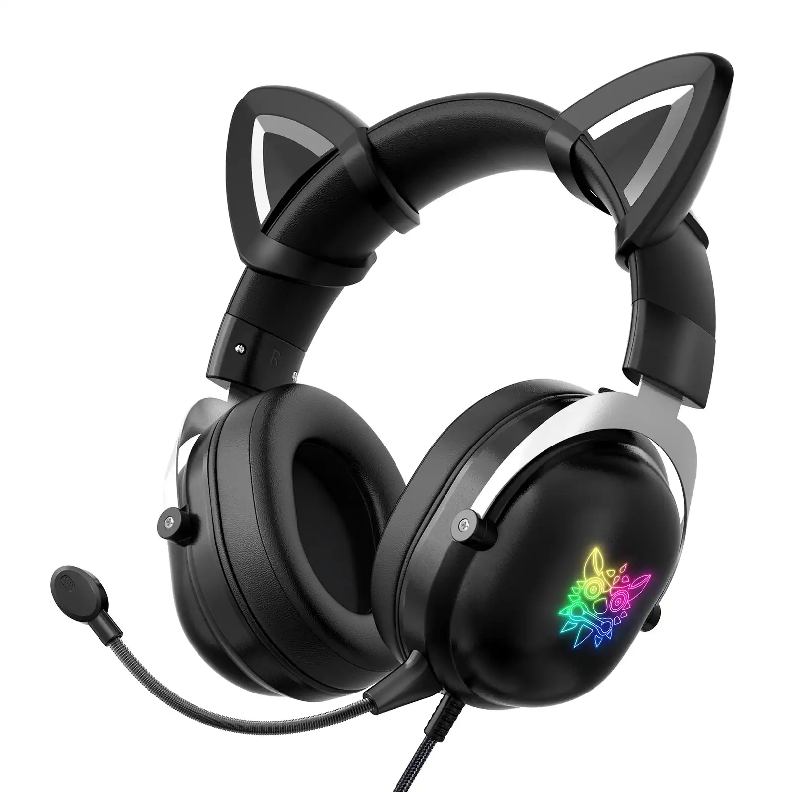 Onikuma X11 Cat Ear Headset 3.5mm Jack 50mm Sound Unit RGB Light Gaming Headphone Detachable Noise-canceling Mic for PS4 Computer PC Gamer Black