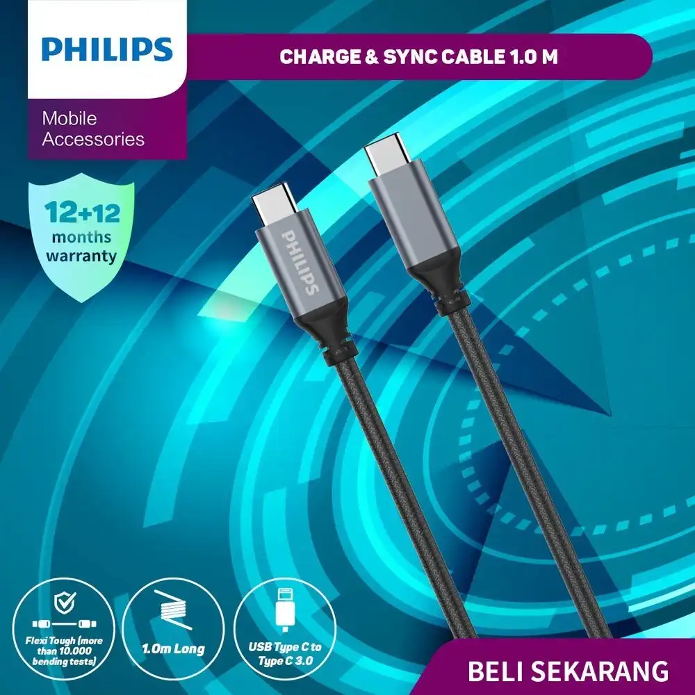 Philips Type C to Type C 3.0, Braided cable, 1m Black