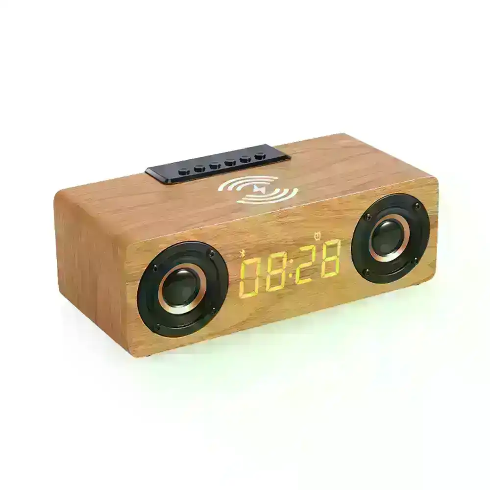 Wooden Bluetooth speaker phone wireless charger alarm clock