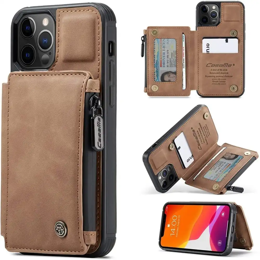 Magnetic PU leather Wallet Case with Card Holder for iPhone-Brown