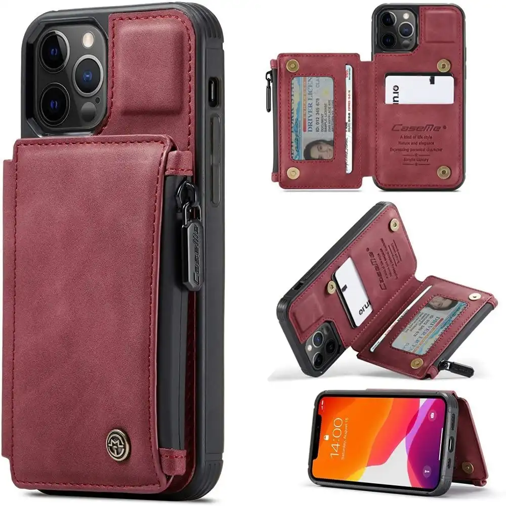 Magnetic PU leather Wallet Case with Card Holder for iPhone-Red wine