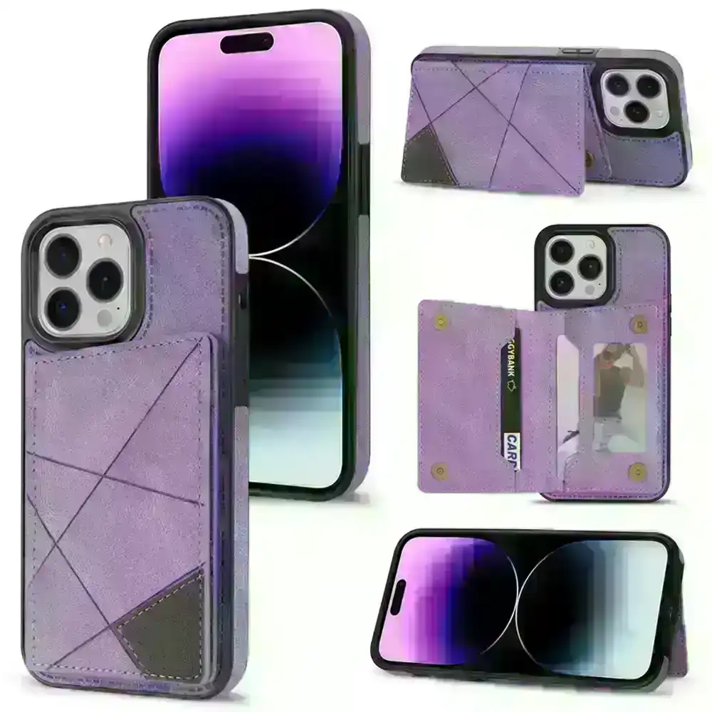 PU Kickstand Card Slots Case Wallet Side Card Flip Phone Case For iPhone-Purple