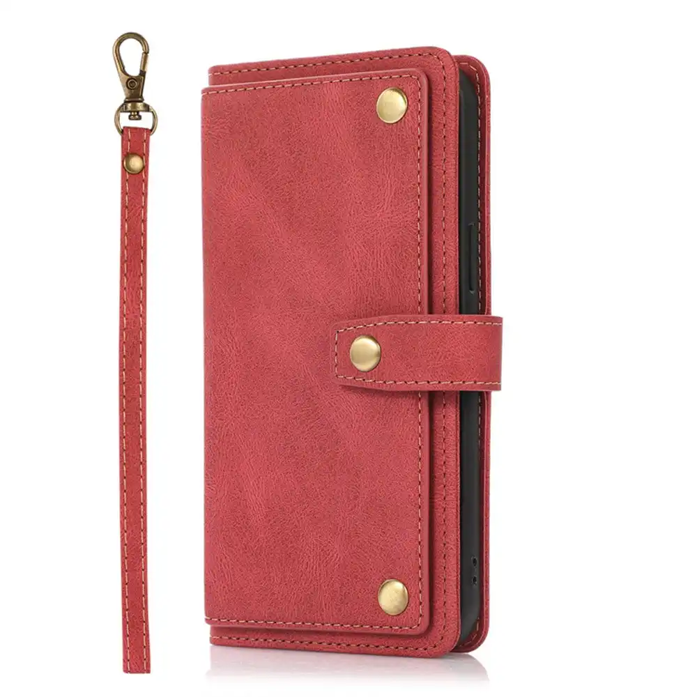 Crossbody Phone Case Wallet PU Leather Flip Wrist Holder iPhone Cases-Red