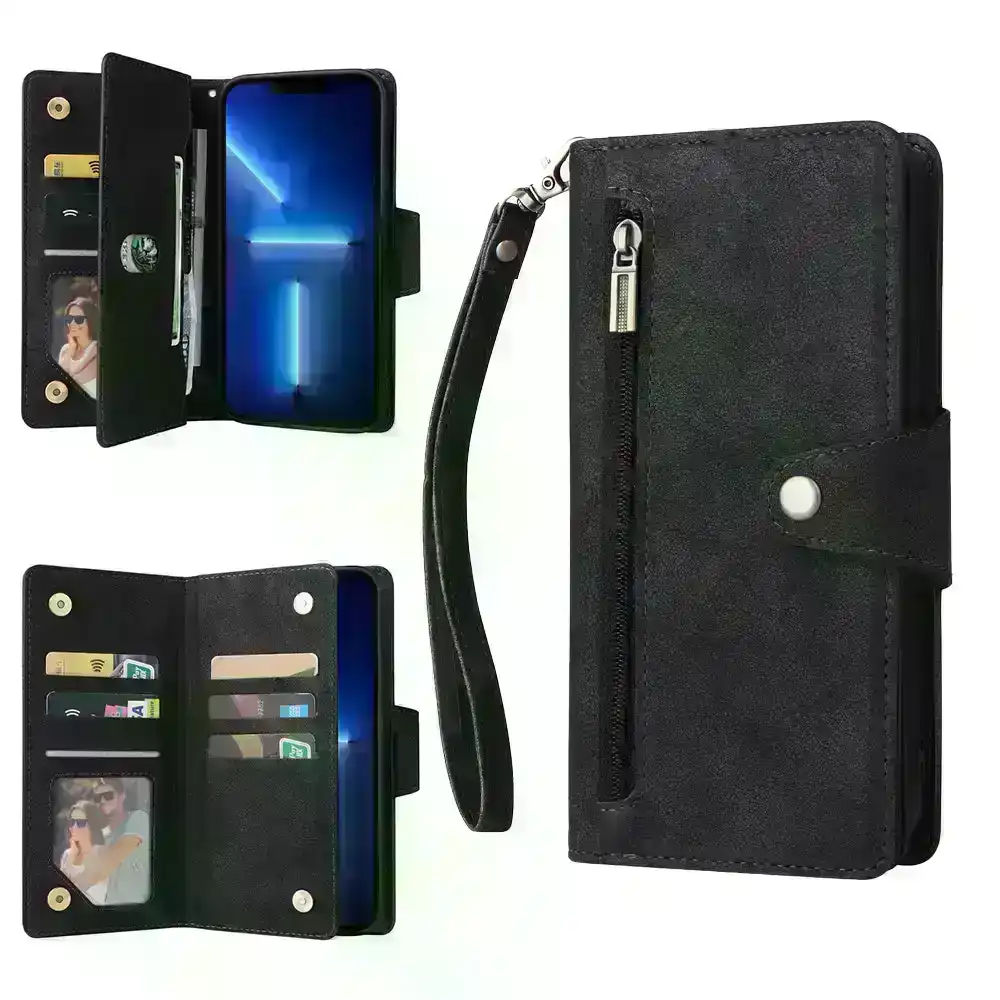 Zip Flip Card Wallet Phone Case For iPhone 11/12/13 Pro Max-Black