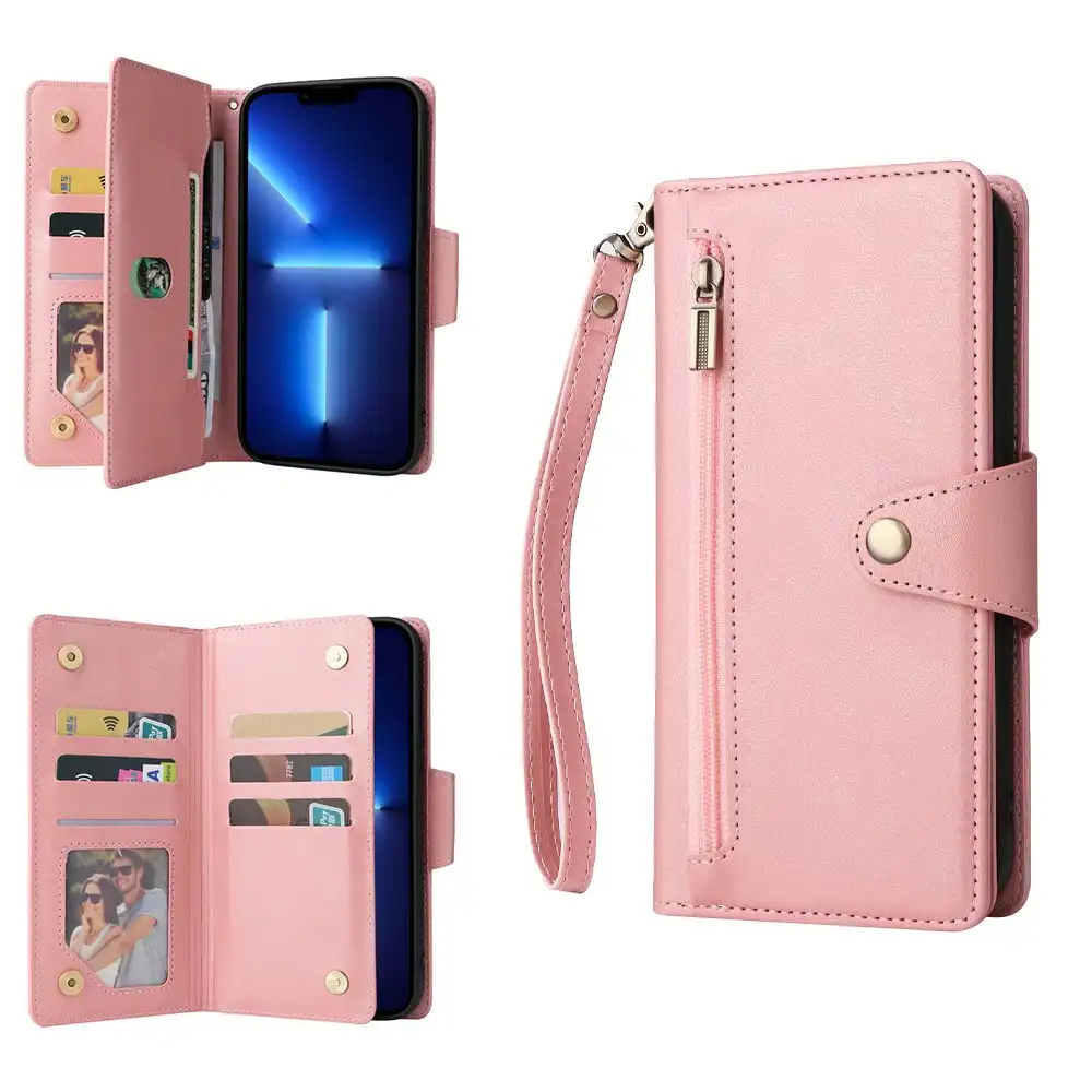 Zip Flip Card Wallet Phone Case For iPhone 11/12/13 Pro Max-Rose gold