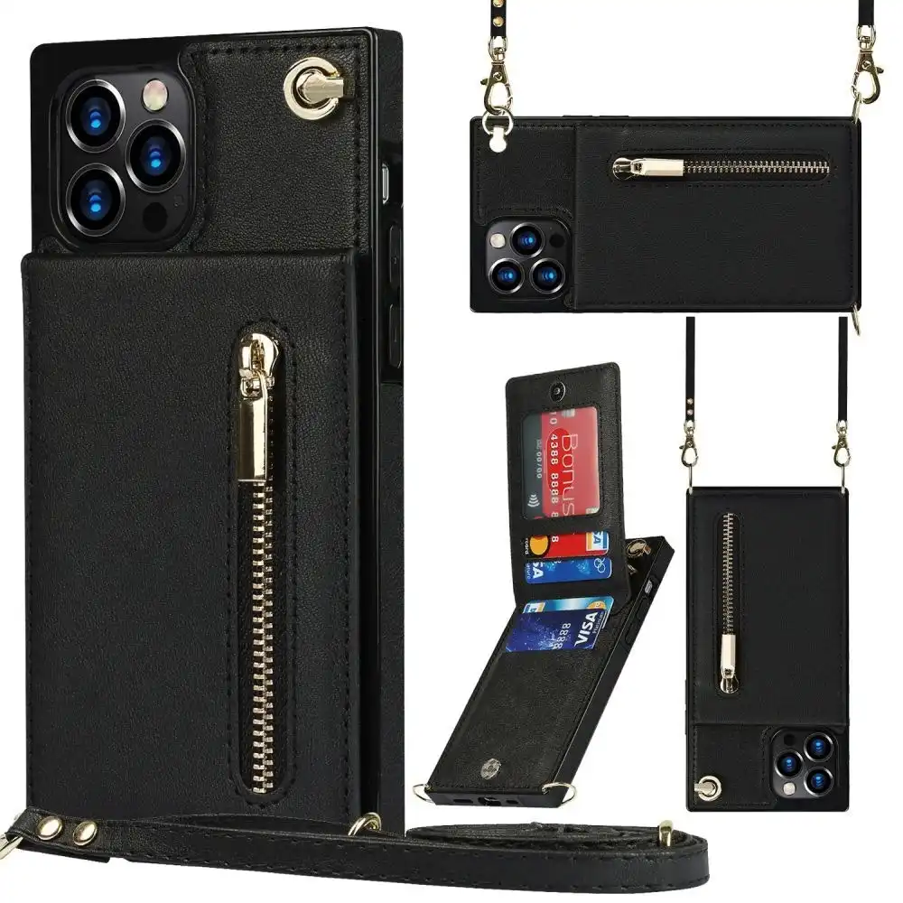 Crossbody Leather Wallet iPhone Case with Card Holder and Adjustable Strap-Black