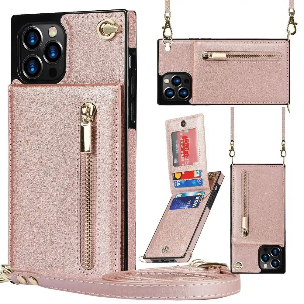 Crossbody Leather Wallet Phone Case with Card Holder Adjustable Strap-Rose Gold