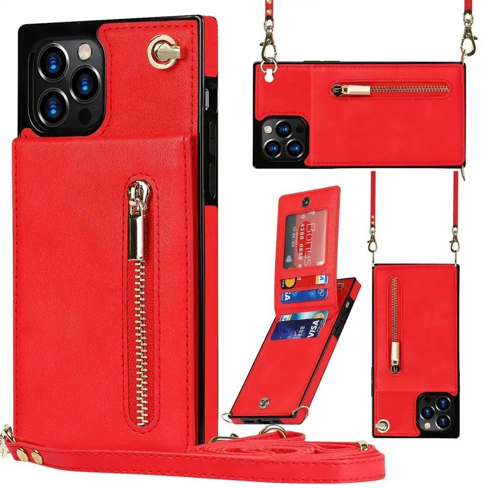 Crossbody Leather Wallet Phone Case with Card Holder and Adjustable Strap-Red