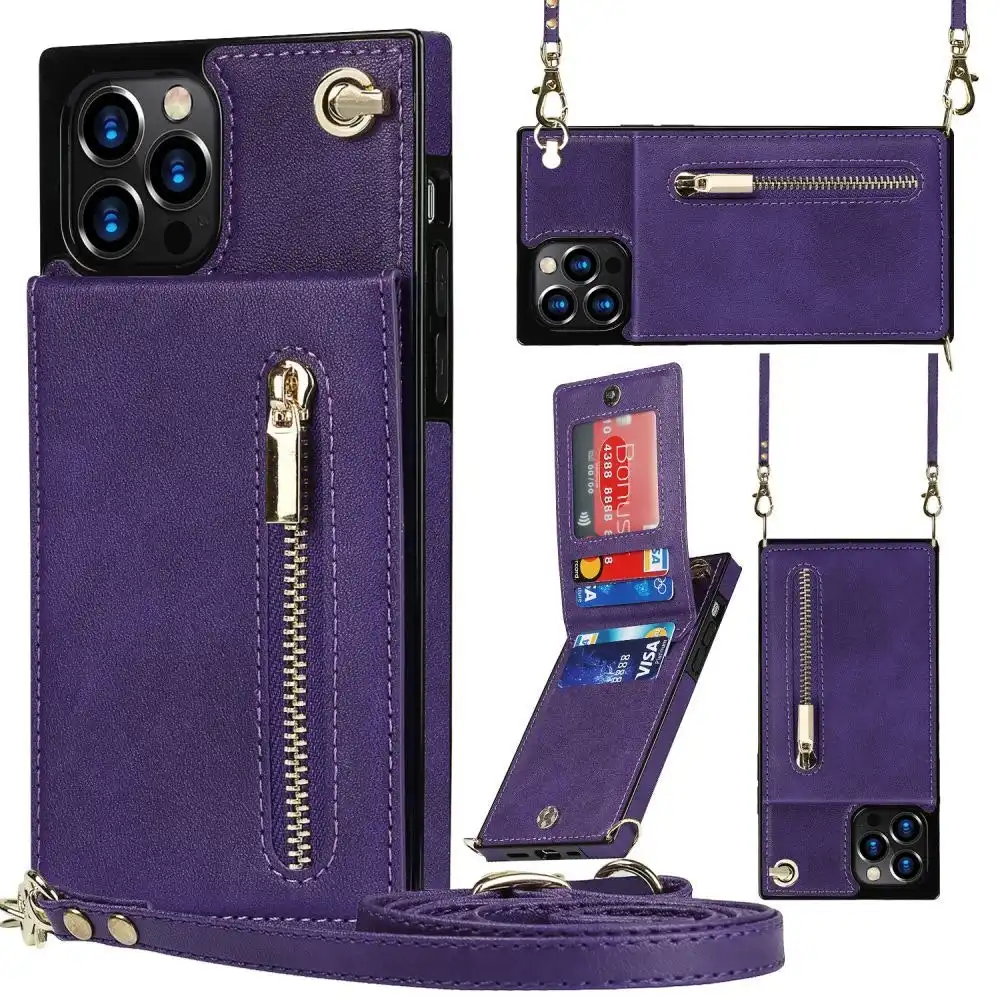 Crossbody Leather Wallet Phone Case with Card Holder and Adjustable Strap-Purple