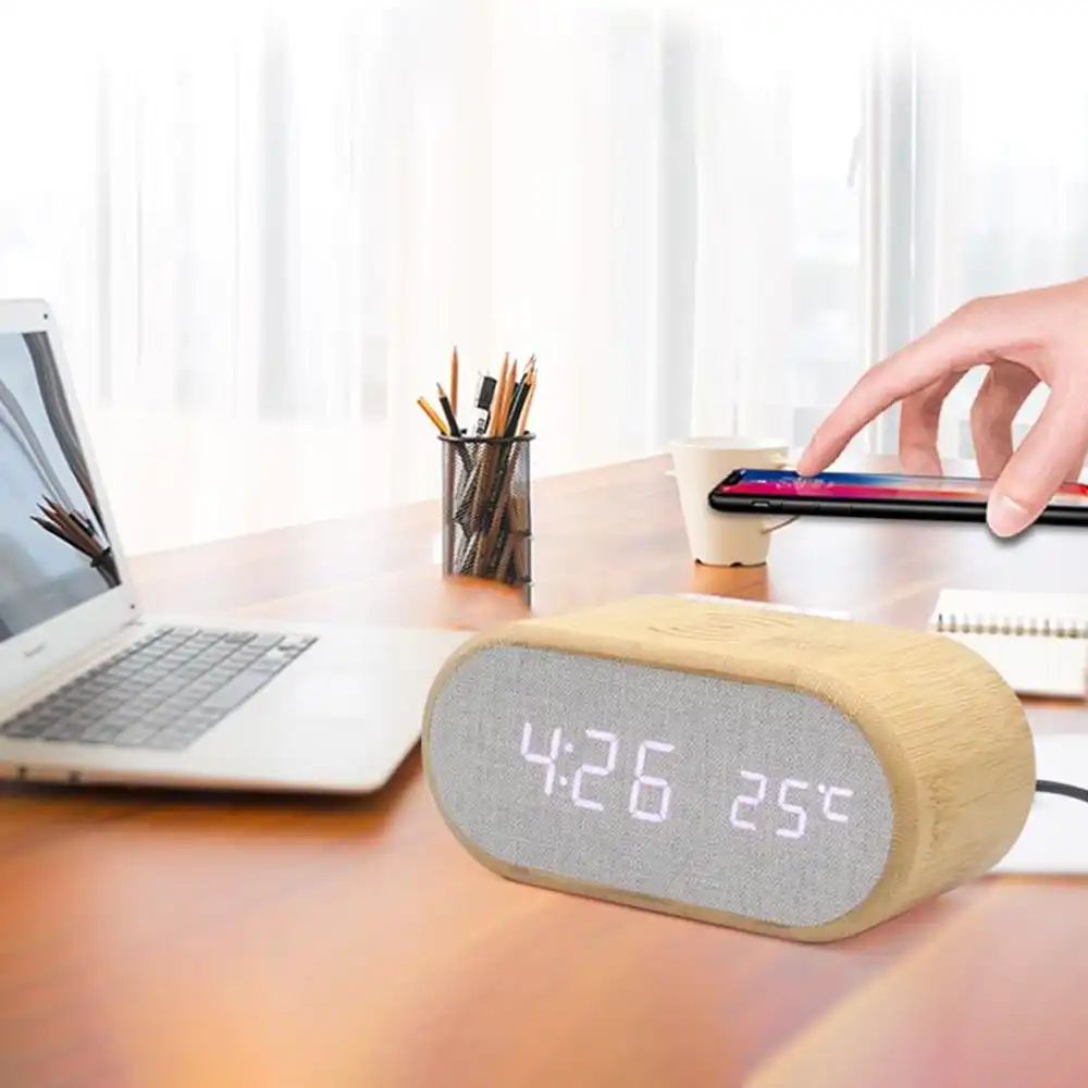 Multifunctional Wooden Alarm Clock with Qi 10W Wireless Charging