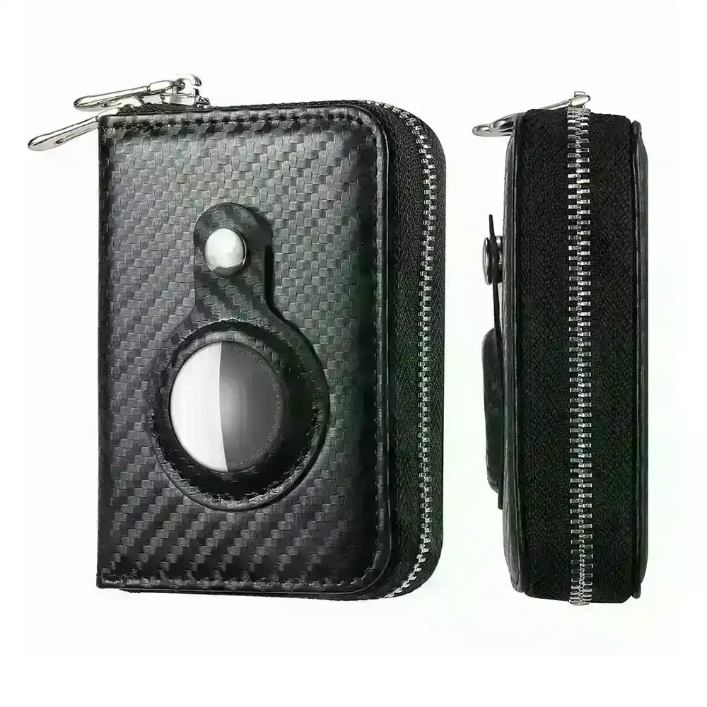 Apple Airtag Positioner Dual Zipper Wallet Carbon Fiber PU Leather RFID Card Bag