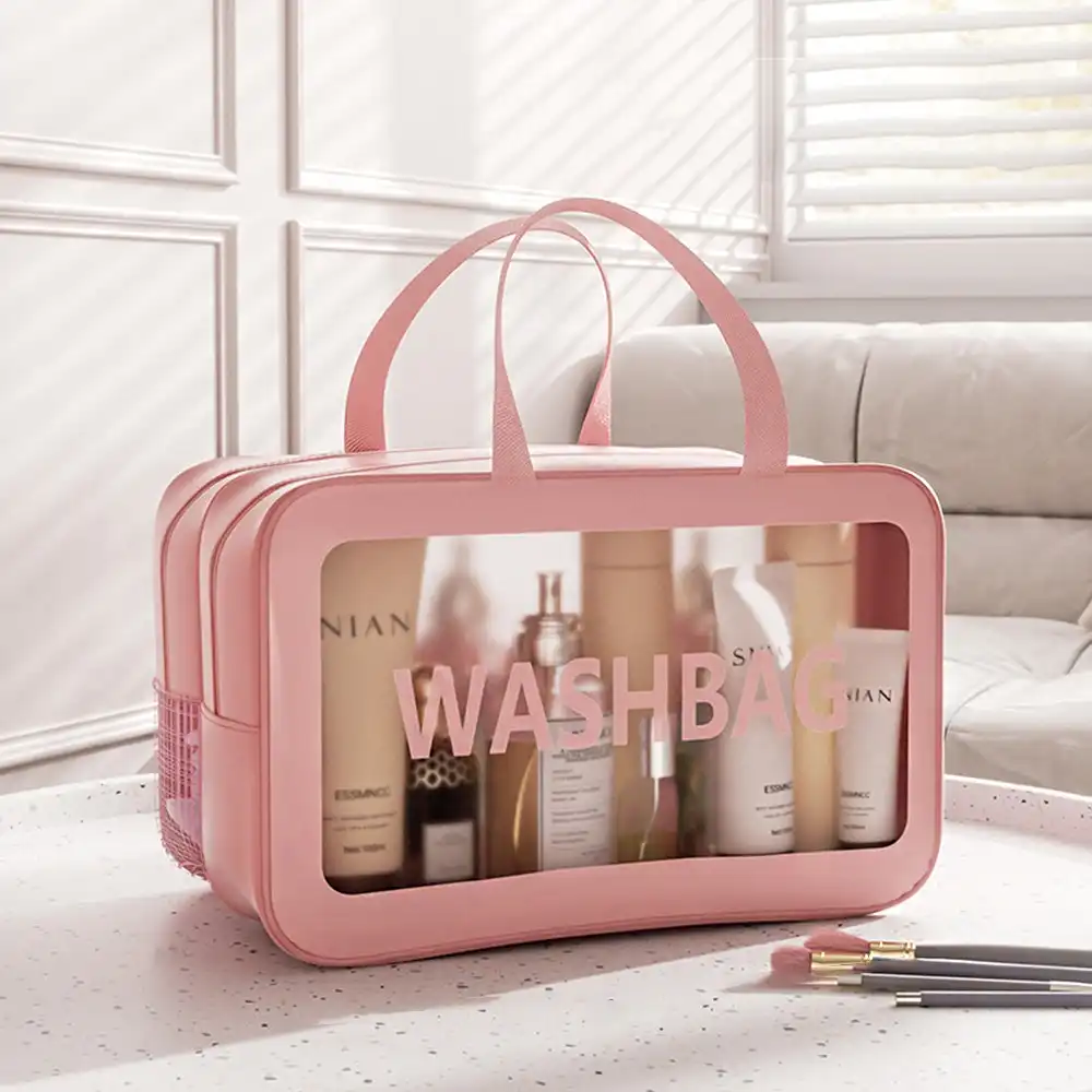 Double Layer Transparent Cosmetic Bag Waterproof Large Capacity Makeup Organizer-Pink