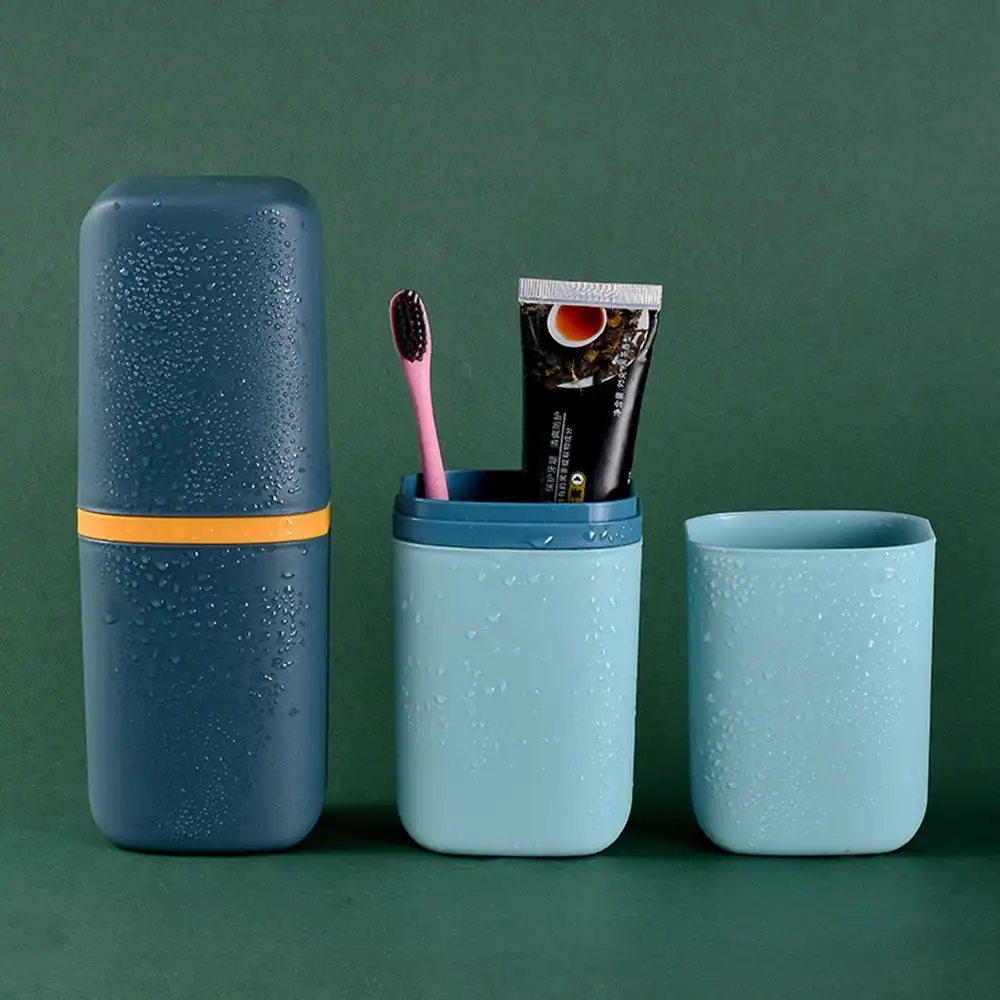 2Pcs Toothbrush Storage Box Portable Travel Wash Cup-Blue&Navy Blue