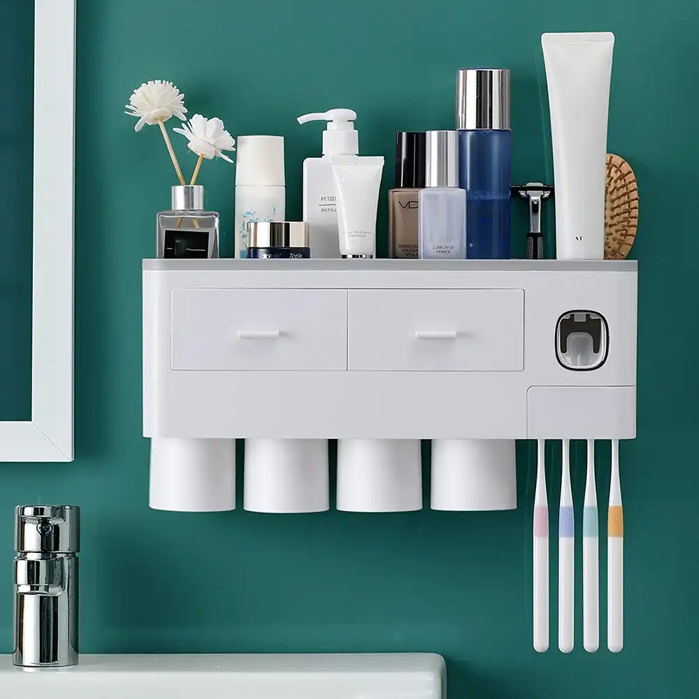 Wall Mounted Toothbrush Holder Automatic Toothpaste Dispenser with 4 Cups