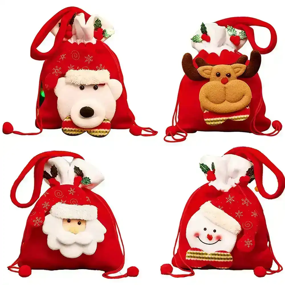 4 Pack Xmas 3D Design Fabric Gift Bags Apple Bags for Favors and Decorations