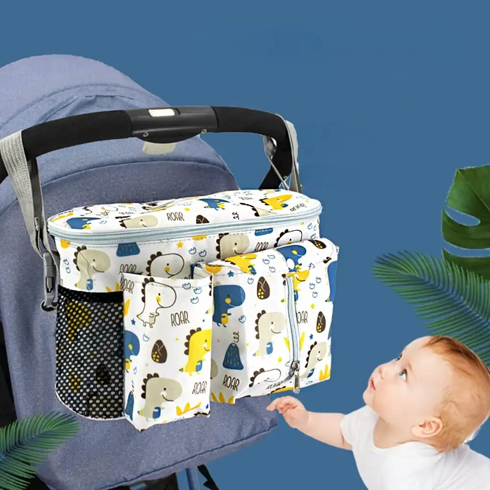 Baby Stroller Bag Multi-functional Storage Mommy Bags-White Dinosaur